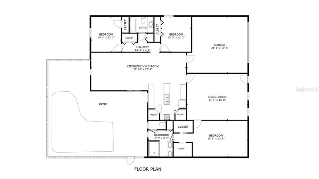 This is a floor plan showing a house with three bedrooms, a garage, and a patio — 916 NANCY COURT, KISSIMMEE, FL