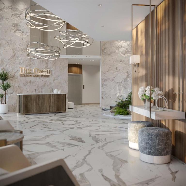 This rendering shows a modern lobby with marble floors, stone walls, and contemporary light fixtures — 325 GOLDEN GATE POINT UNIT 604, SARASOTA, FL