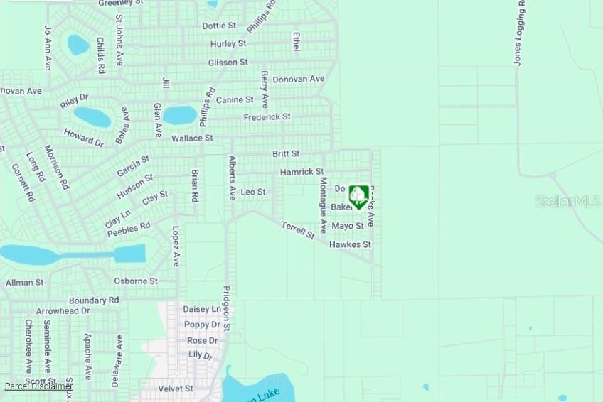This is a map showing street names and a property location marker — LOT 8 BAKER STREET, INTERLACHEN, FL