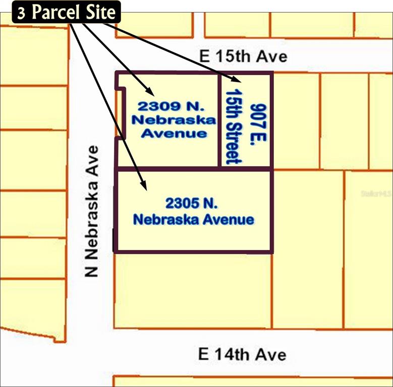 This map shows three adjacent land parcels located at a street intersection — 2305 N NEBRASKA AVENUE, TAMPA, FL