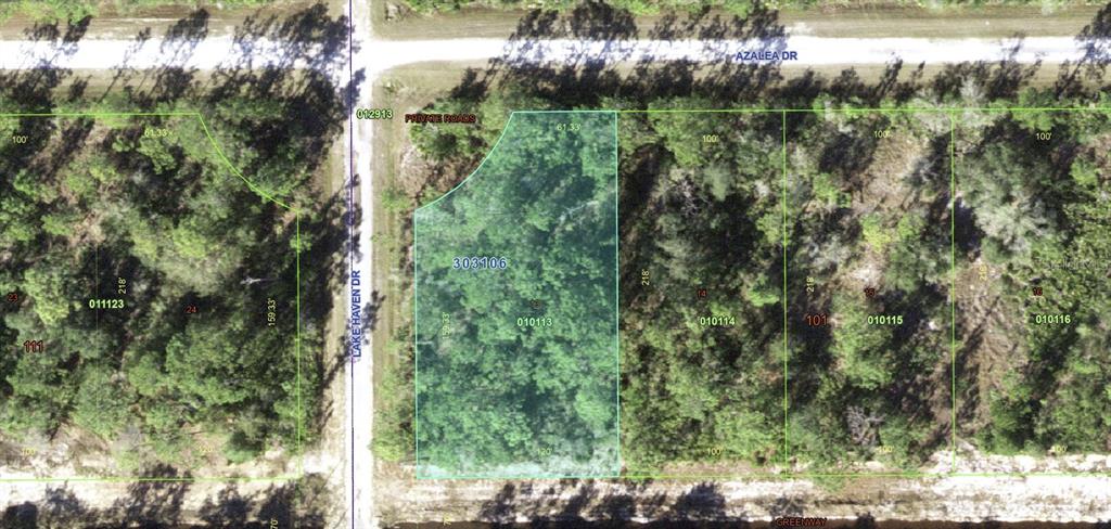 This is an aerial map showing a highlighted rectangular plot of land with surrounding wooded lots — 408 AZALEA DRIVE, INDIAN LAKE ESTATES, FL