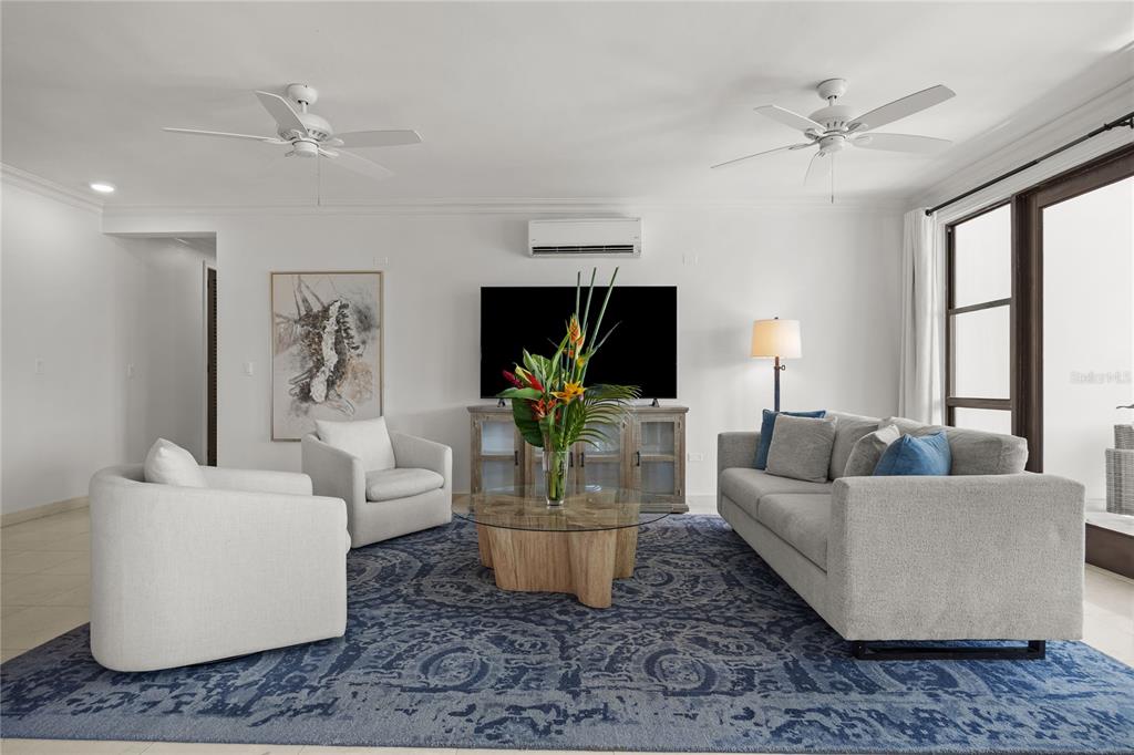 A living room features a blue patterned rug, a sofa, two armchairs, and a television — 400 COCO BEACH BVL UNIT 302B, RIO GRANDE, PR