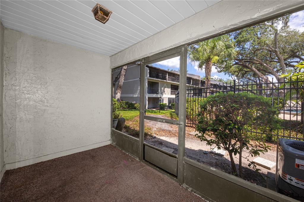 A screened-in patio with brown carpeting, a textured wall, and a view of landscaping — 14424 REUTER STRASSE CIRCLE UNIT 104, TAMPA, FL
