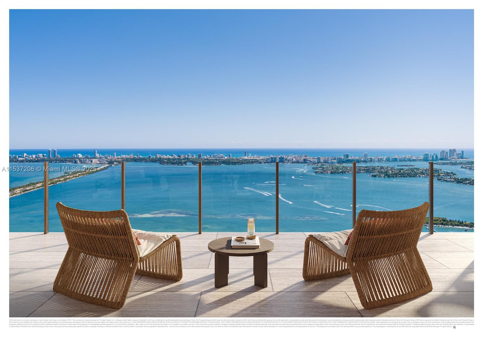 This rendering shows a balcony with two wicker chairs overlooking a bay and city skyline — 710 NE 29th ST # 601, Miami FL 33137, MIAMI, FL