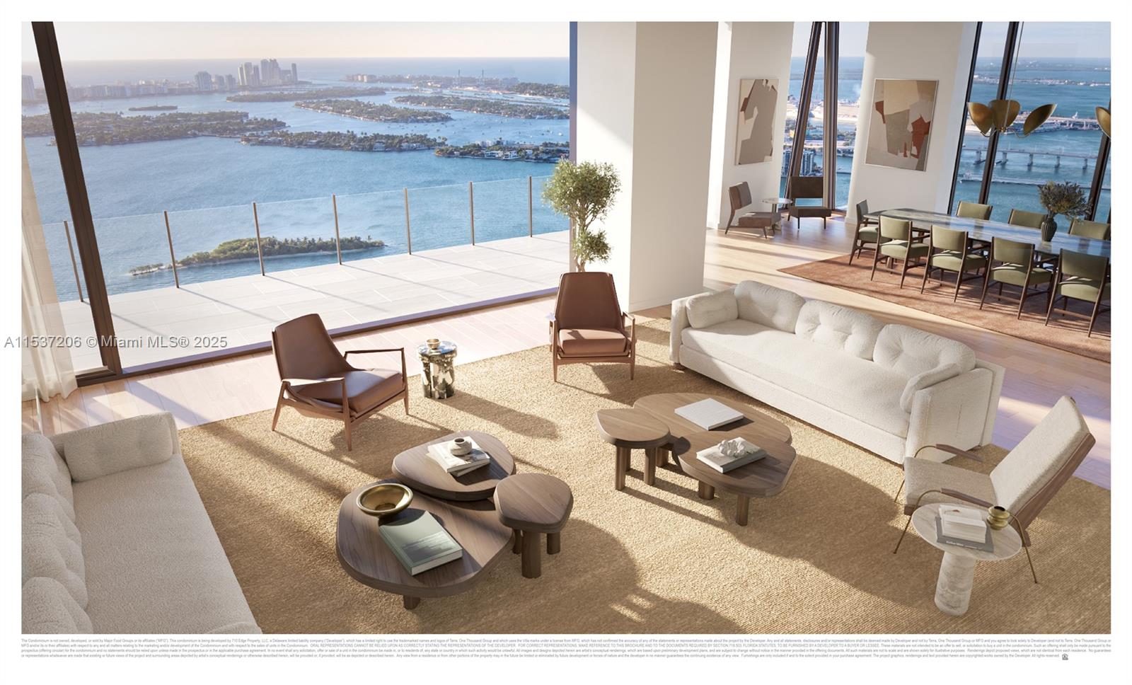 This rendering shows a modern living room with floor-to-ceiling windows overlooking a coastal bay — 710 NE 29th ST # 601, Miami FL 33137, MIAMI, FL