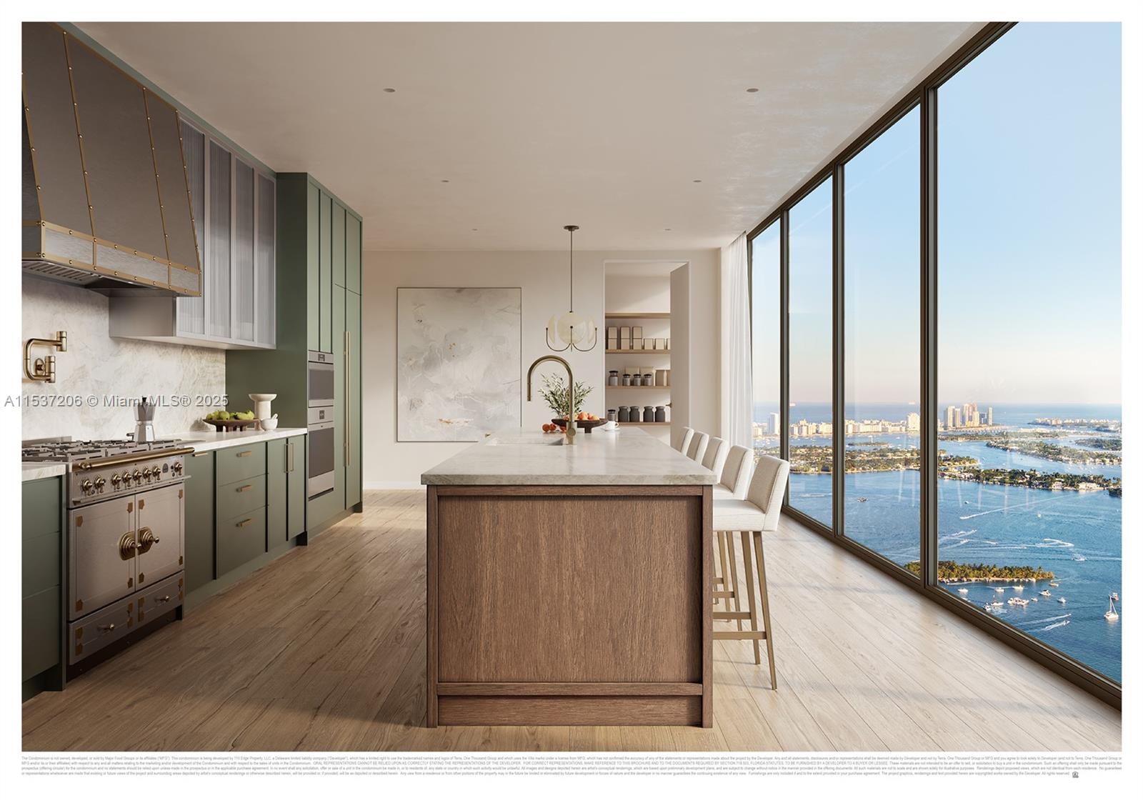 This rendering shows a modern kitchen with a wooden island, green cabinetry, and floor-to-ceiling windows — 710 NE 29th ST # 601, Miami FL 33137, MIAMI, FL