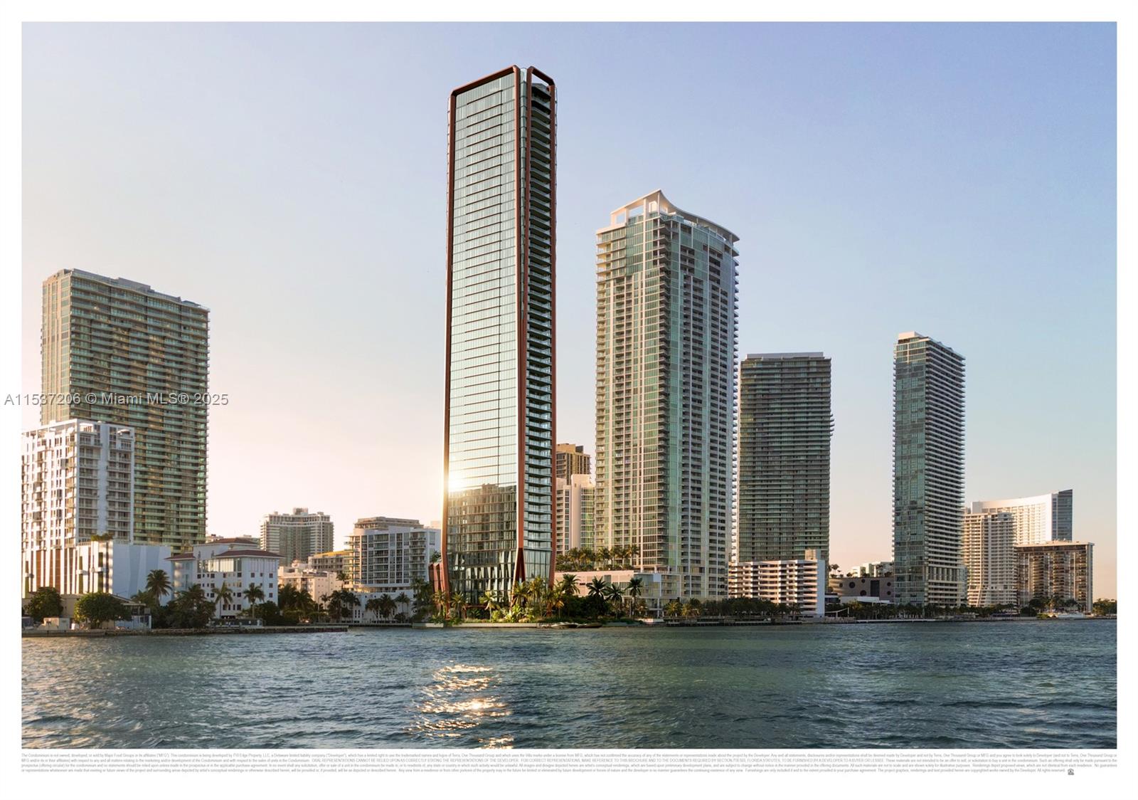 This is a rendering of a tall, modern glass skyscraper situated on a waterfront — 710 NE 29th ST # 601, Miami FL 33137, MIAMI, FL