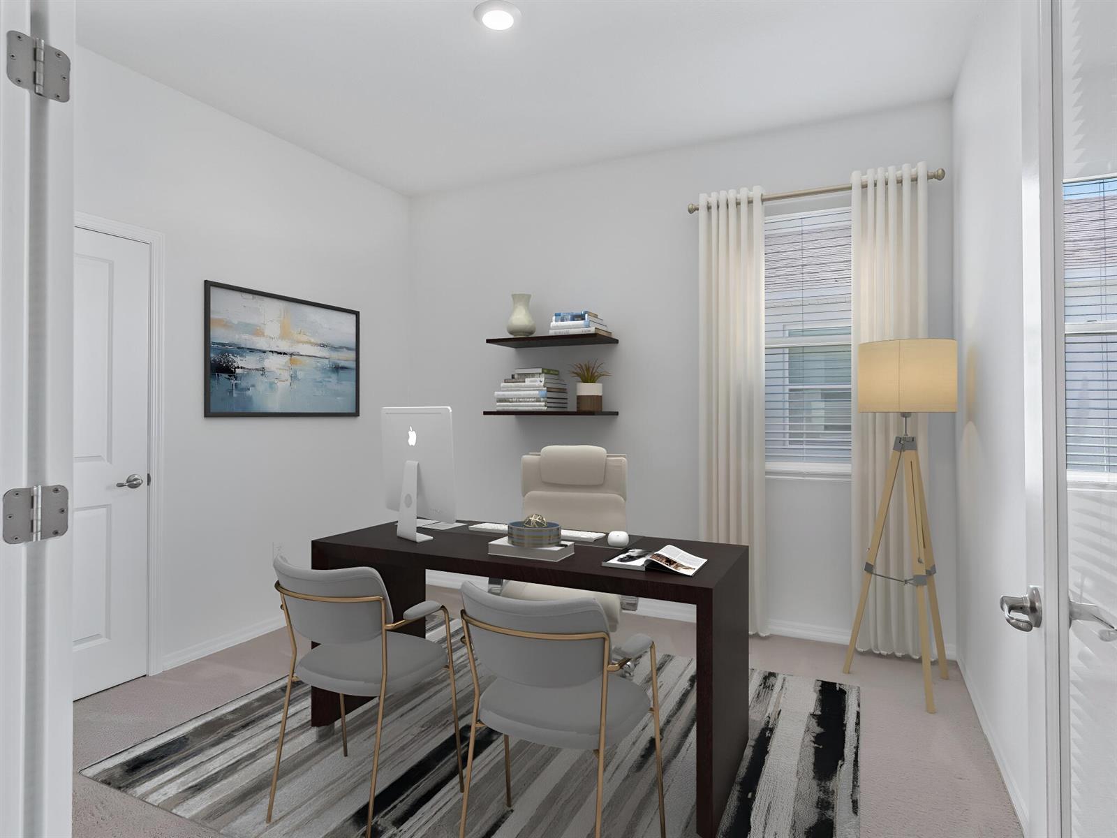 This is a digital rendering of a home office featuring a dark desk, chairs, and shelves — 5536 NW 40th Loop, Ocala FL 34482, OCALA, FL