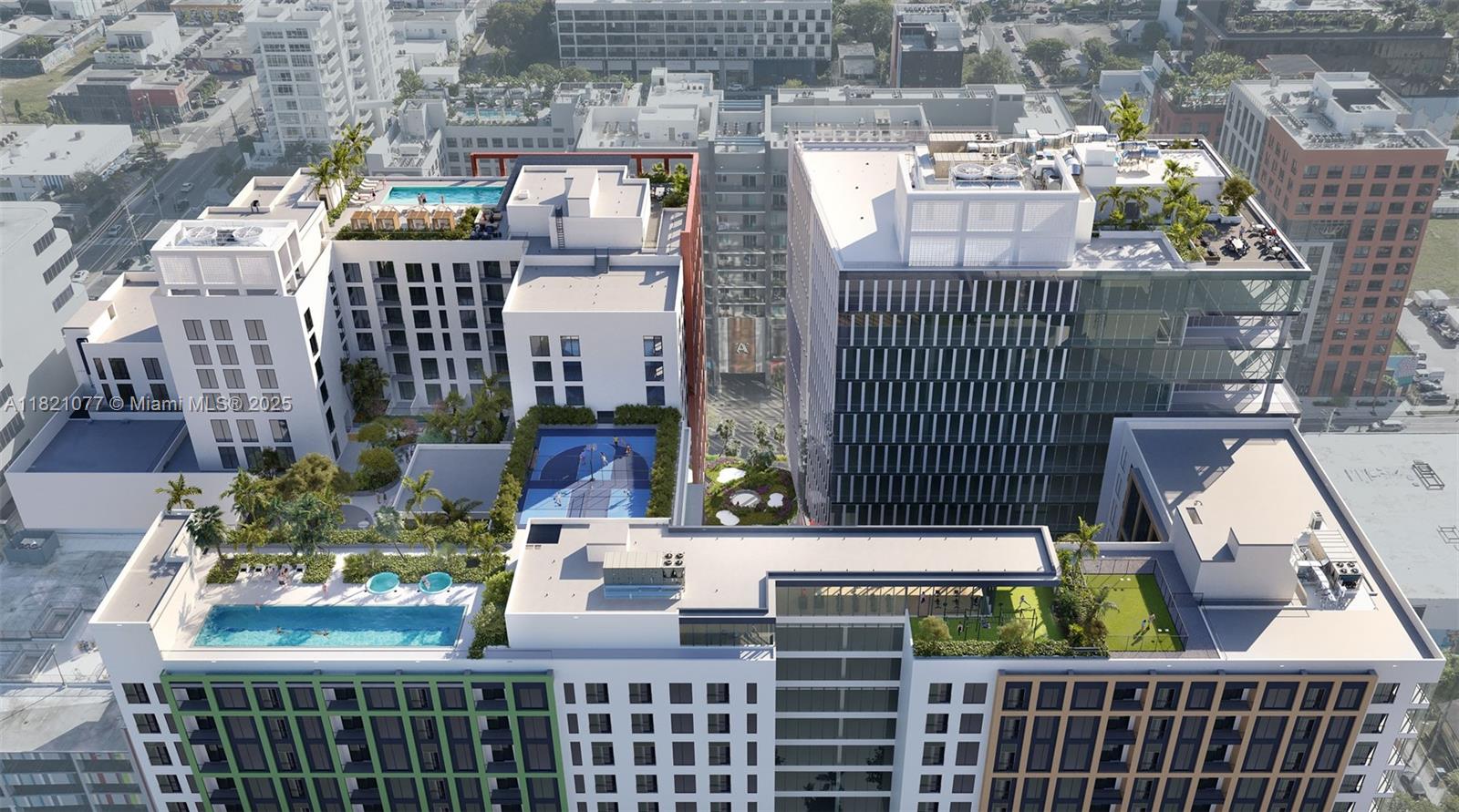 This architectural rendering shows an aerial view of modern apartment buildings with rooftop pools and amenities — 55 NW 29th Street, Miami FL 33127, MIAMI, FL