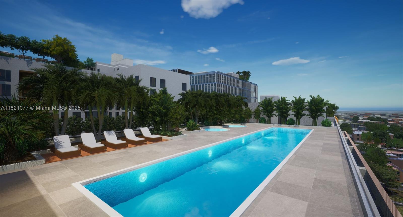 This is a rendering of a rooftop swimming pool with lounge chairs and palm trees — 55 NW 29th Street, Miami FL 33127, MIAMI, FL