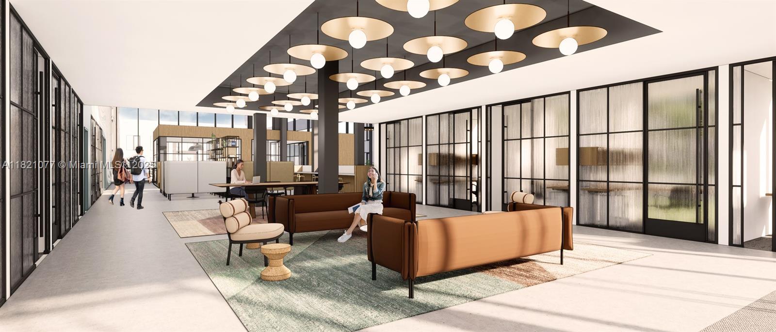 This is a rendering of a modern office lounge featuring brown sofas and pendant lighting — 55 NW 29th Street, Miami FL 33127, MIAMI, FL