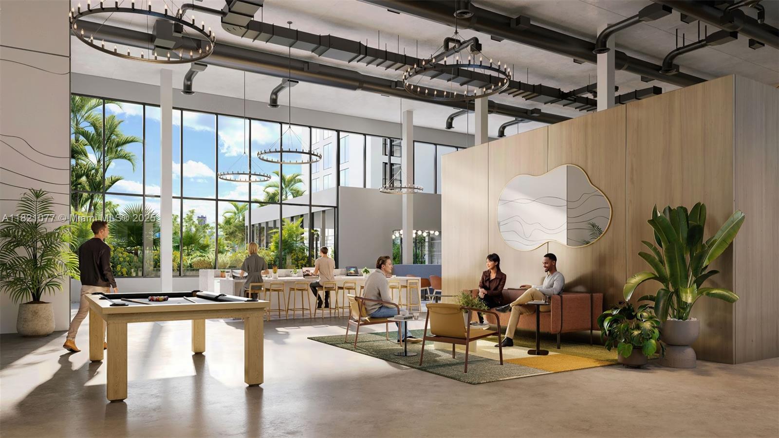 This rendering shows a modern open-concept lounge with a pool table, seating areas, and windows — 55 NW 29th Street, Miami FL 33127, MIAMI, FL