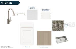 This is a digital rendering of kitchen design finishes, including cabinetry, countertops, hardware, and fixtures — 339 FISHTAIL PLACE, PALM COAST, FL