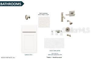 This is a design board rendering showing bathroom finishes, including white cabinets, countertops, and hardware — 339 FISHTAIL PLACE, PALM COAST, FL