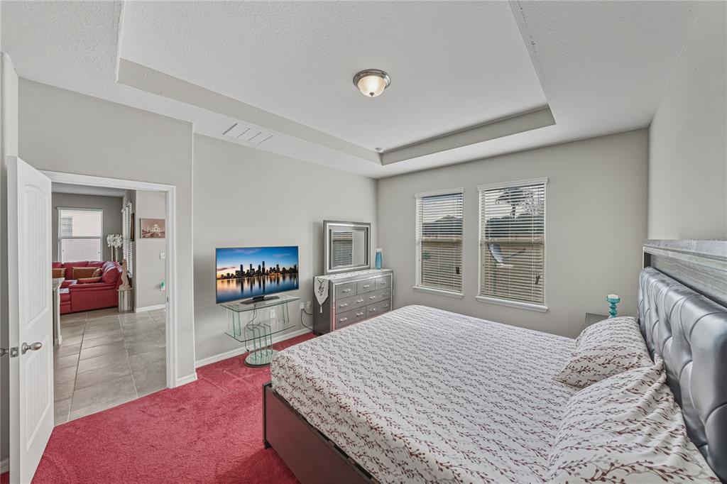 A bedroom features a dark wood bed frame with a tufted headboard and storage drawers — 4169 PRIMA LAGO CIRCLE, LAKELAND, FL