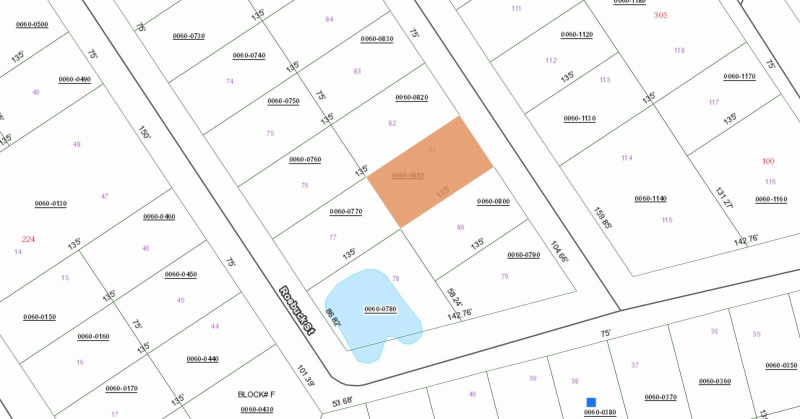 This is a tax map showing property lot lines, parcel numbers, and street names — 105 Glenside Street, FL 32139, FL