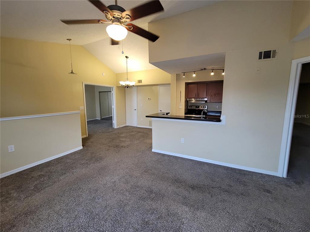 A carpeted living room features a vaulted ceiling, a ceiling fan, and a kitchen pass-through — 421 FOUNTAINHEAD CIRCLE UNIT 213, KISSIMMEE, FL
