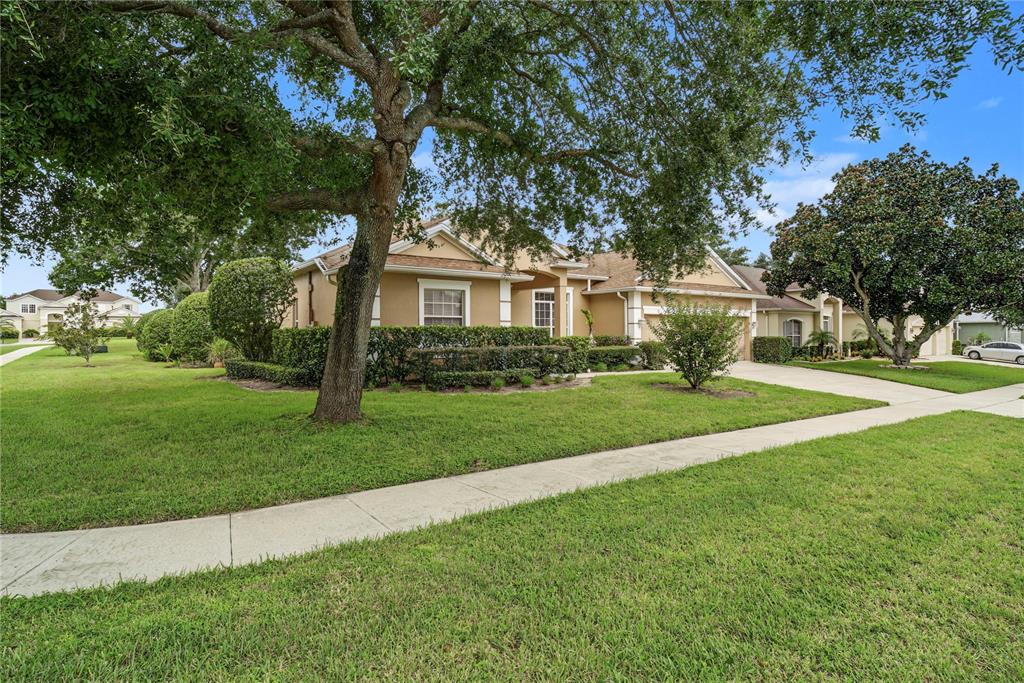 A single-story tan house with a large tree in the front yard and a sidewalk — 2648 VALIANT DRIVE, CLERMONT, FL