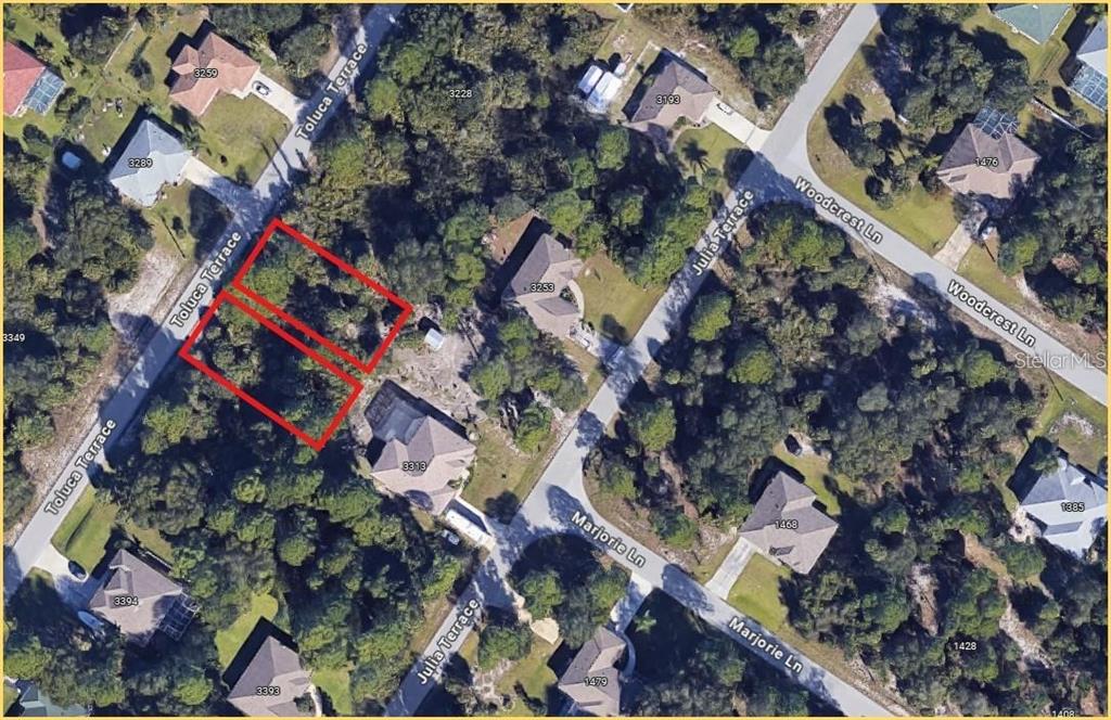 An aerial map view shows two adjacent vacant lots outlined in red along a street — TOLUCA TERRACE Lot 10 & 11, NORTH PORT, FL