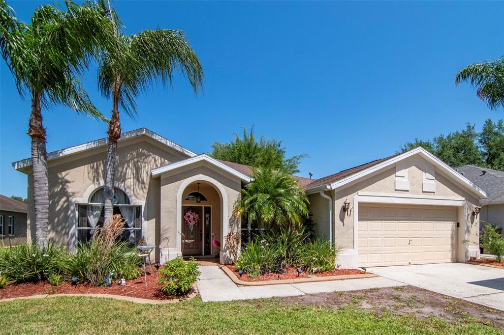 A single-story suburban house with a beige stucco exterior, a two-car garage, and palm trees — 19103 WIND DANCER STREET, LUTZ, FL