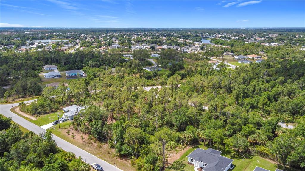 An aerial view shows a residential neighborhood with houses surrounded by dense trees and vegetation — LISA BOULEVARD, NORTH PORT, FL