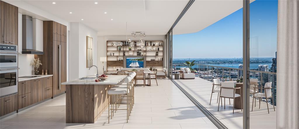 This rendering shows a modern kitchen and living area with a large balcony overlooking water — 520 N TAMPA ST UNIT 3105, TAMPA, FL