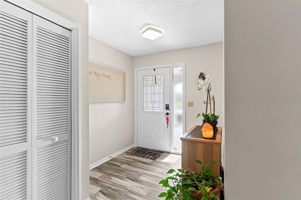 An entryway features wood-look flooring, a white front door with glass panels, and a closet — 1816 GRANVILLE LANE, SUN CITY CENTER, FL