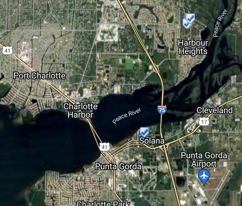 This is a map showing the area around the Peace River in Charlotte County, Florida — 2083 PORPOISE DRIVE, PUNTA GORDA, FL
