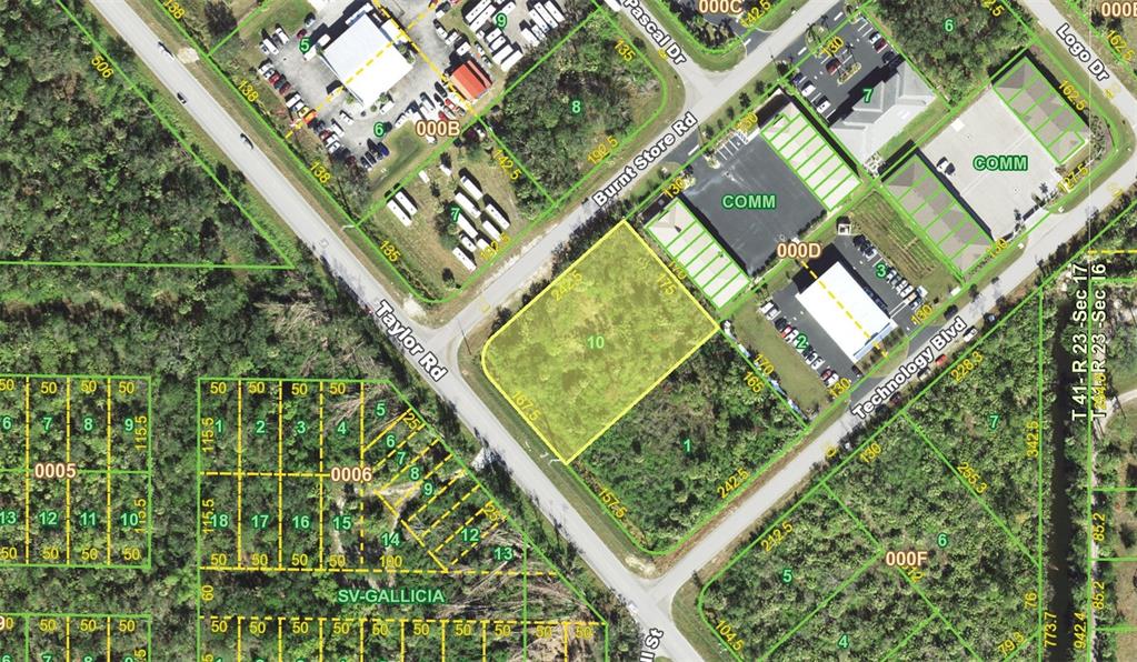 This is an aerial map showing a vacant lot highlighted in yellow near several roads — 8300 BURNT STORE ROAD, PUNTA GORDA, FL