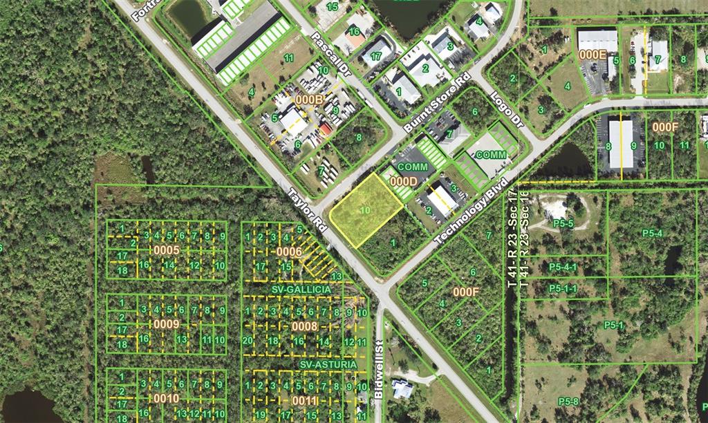 This is an aerial map showing residential lots, commercial buildings, and roads in a developed area — 8300 BURNT STORE ROAD, PUNTA GORDA, FL