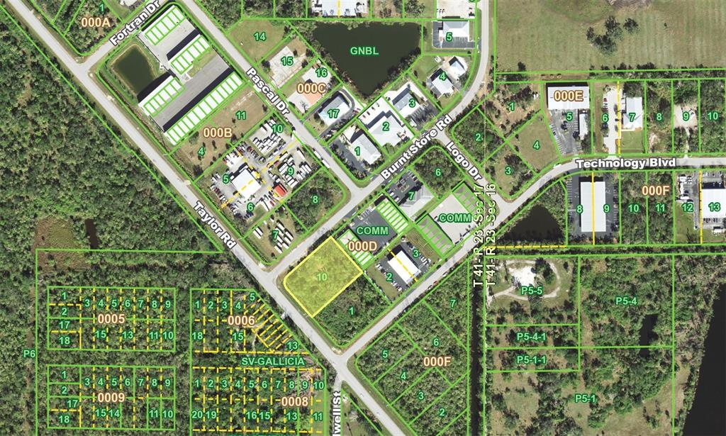 This is an aerial map showing land parcels, roads, and buildings in a commercial area — 8300 BURNT STORE ROAD, PUNTA GORDA, FL
