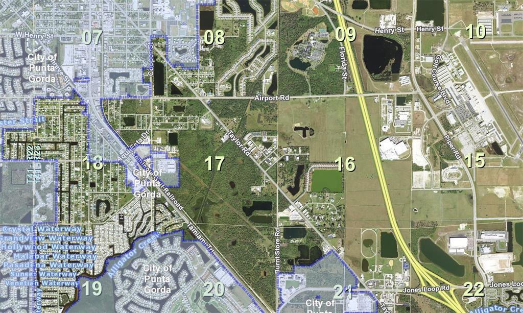 This is a map showing numbered sections, roads, and waterways in Punta Gorda, Florida — 8300 BURNT STORE ROAD, PUNTA GORDA, FL