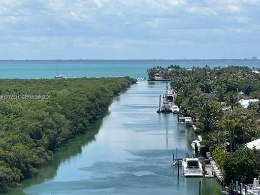 An aerial view shows a narrow canal lined with boats leading to the open ocean — 1121 Crandon Blvd # D903, Key Biscayne FL 33149, KEY BISCAYNE, FL