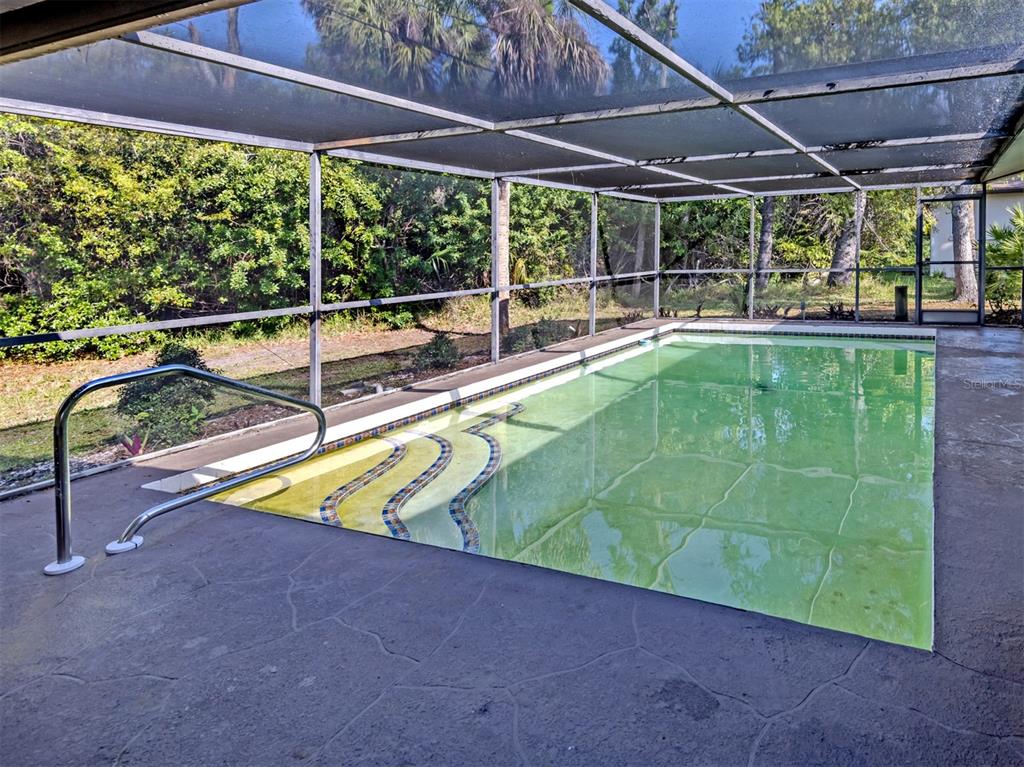 A screened-in swimming pool with a metal handrail and a concrete deck — 3180 FALLOW ROAD, VENICE, FL