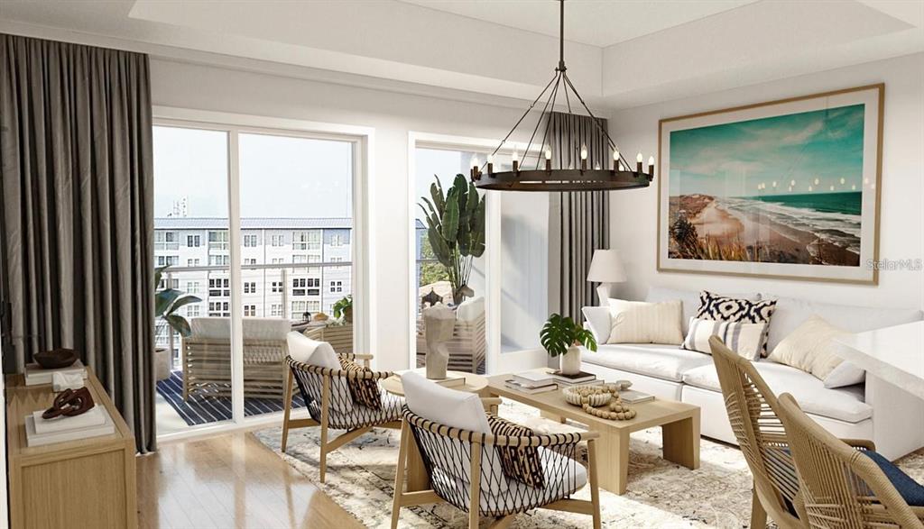 This is a rendering of a modern living room with a chandelier and balcony access — 5015 US HIGHWAY 19 UNIT 401, NEW PORT RICHEY, FL