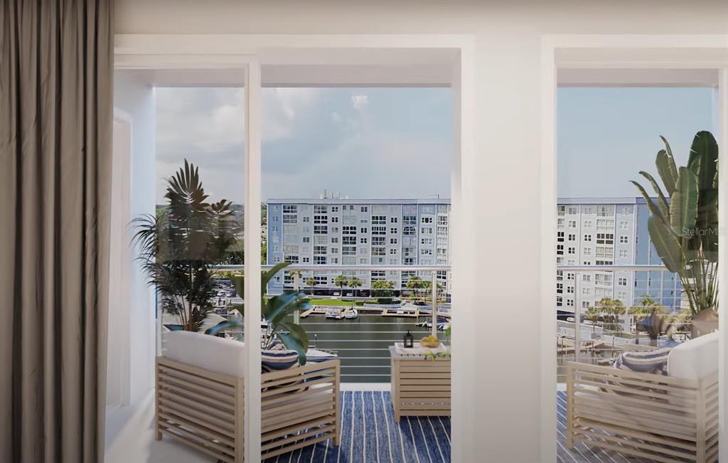 This rendering shows a balcony with outdoor seating overlooking a marina and a large building — 5015 US HIGHWAY 19 UNIT 401, NEW PORT RICHEY, FL