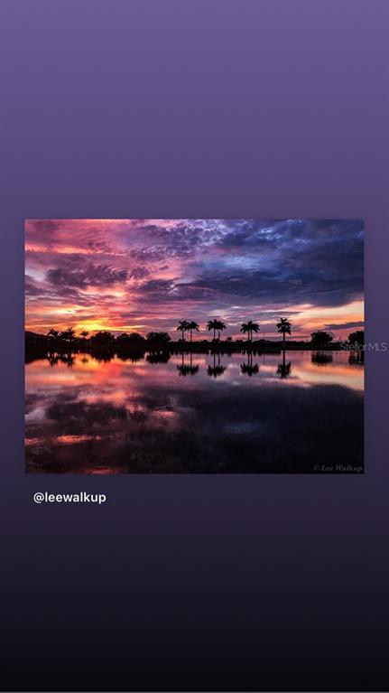 A vibrant sunset reflects over a calm lake with silhouetted palm trees along the horizon — 19267 KIRELLA STREET, VENICE, FL