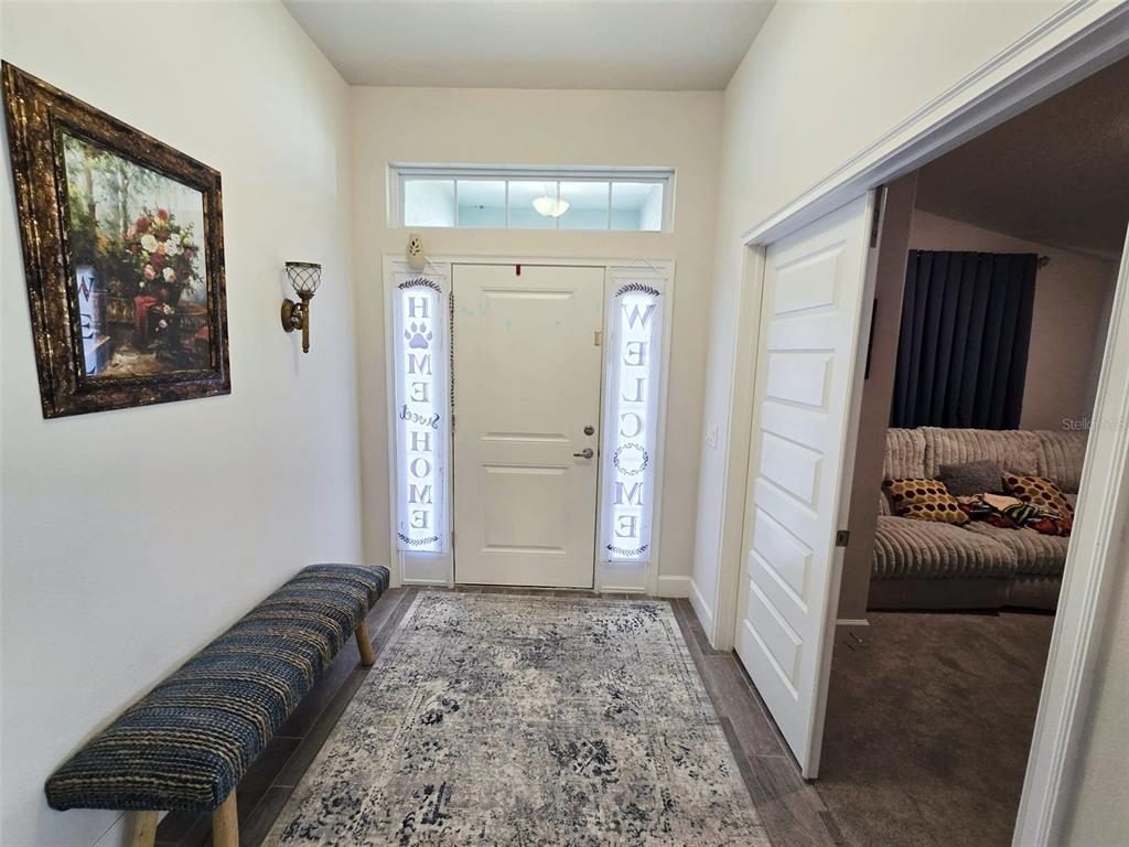 An entryway features a bench, a patterned rug, a framed painting, and a white door — 38136 COUNTRYSIDE PLACE, DADE CITY, FL
