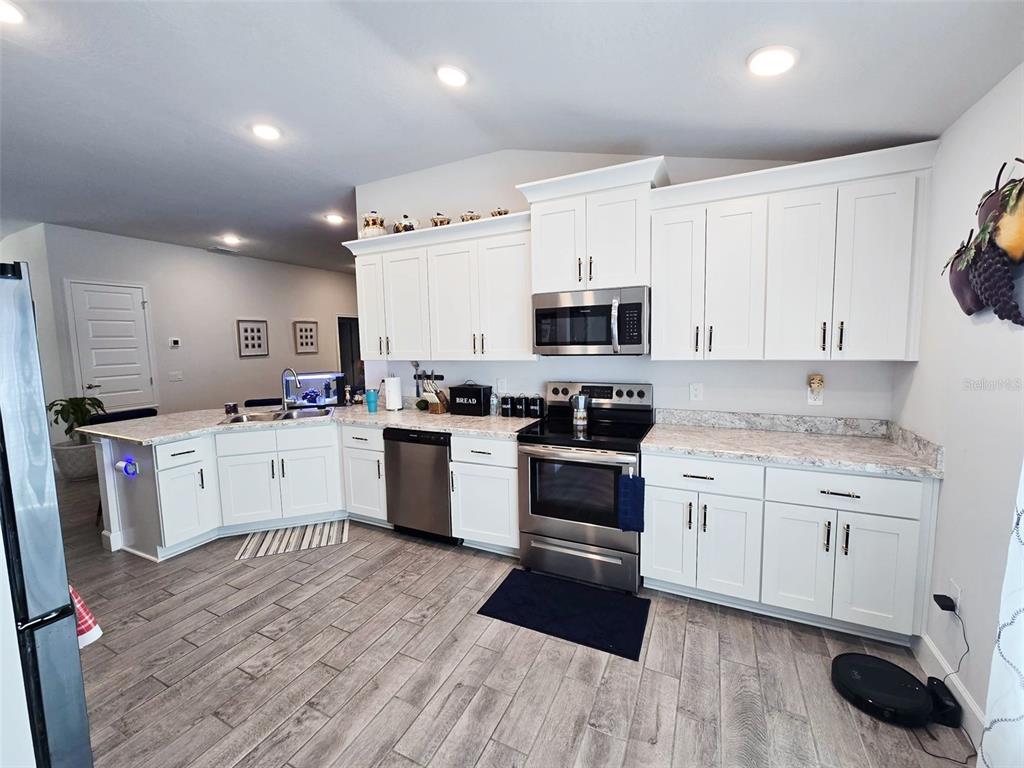 A kitchen features white cabinets, stainless steel appliances, and light-colored countertops with wood-look flooring — 38136 COUNTRYSIDE PLACE, DADE CITY, FL