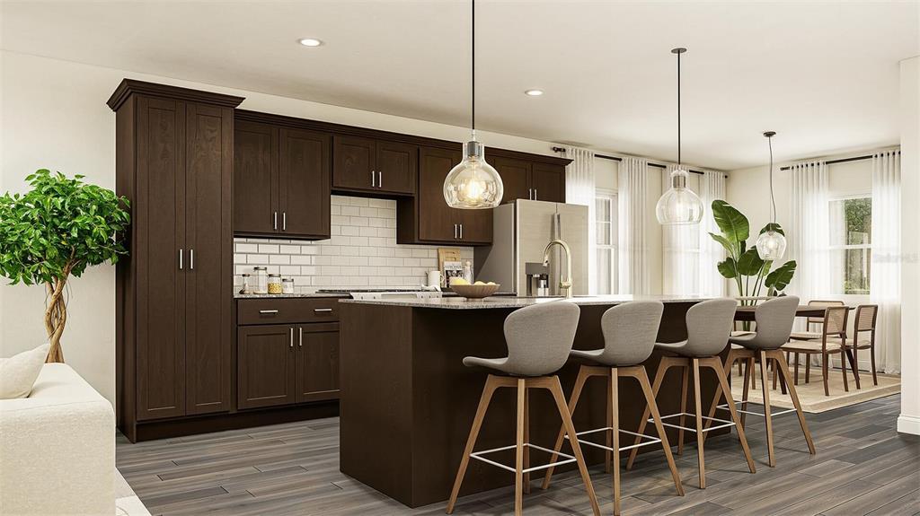 This rendering shows a modern kitchen with dark wood cabinets, a large island, and barstools — 1331 WATER OAK ROAD, BUNNELL, FL