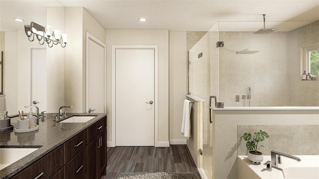This rendering shows a modern bathroom with a dark wood vanity, glass shower, and tub — 1331 WATER OAK ROAD, BUNNELL, FL