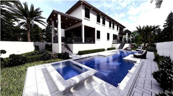 This is a digital rendering of a two-story house exterior with a pool and spa — 4703 W SAN CARLOS STREET, TAMPA, FL