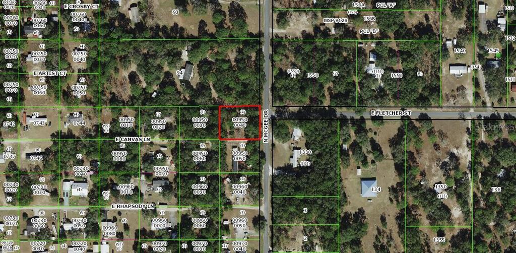 This is an aerial map showing a highlighted vacant lot located along a paved road — 2018 N MCGEE DRIVE, HERNANDO, FL