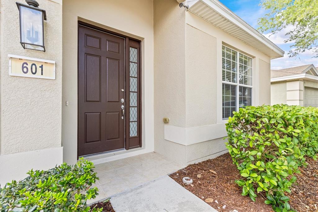 A brown front door with a sidelight is situated on the exterior of a house — 601 NODDING SHADE DRIVE, BROOKSVILLE, FL