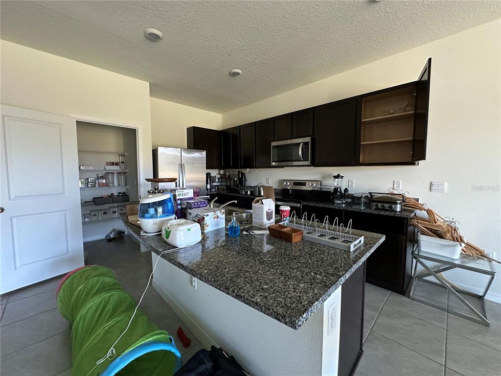 A kitchen features dark wood cabinets, granite countertops, a center island, and an adjacent pantry — 16641 GROTTO STEAM PLACE, WIMAUMA, FL