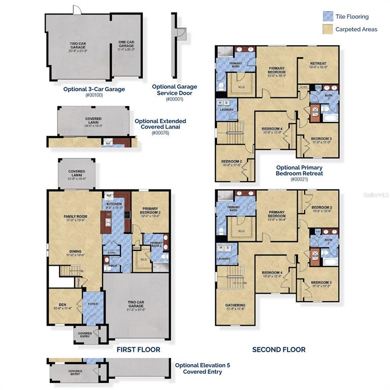 This floor plan shows a two-story home layout with multiple bedroom and garage configuration options — 2138 TOWN PASTURE DRIVE, EUSTIS, FL