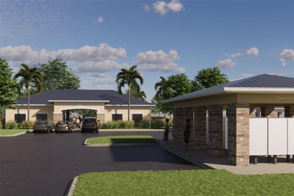 This is a digital rendering of a community clubhouse exterior with a parking lot — 2138 TOWN PASTURE DRIVE, EUSTIS, FL