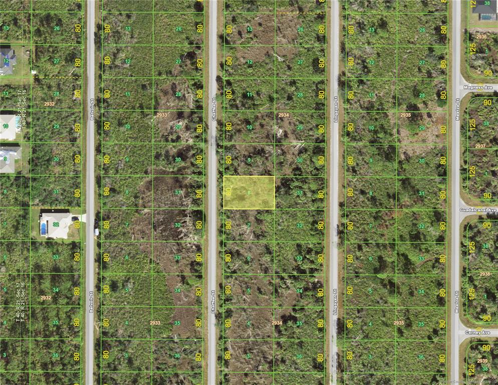 This is a map showing a highlighted rectangular plot of land in a residential area — 2128 CHAFFEE STREET, PORT CHARLOTTE, FL