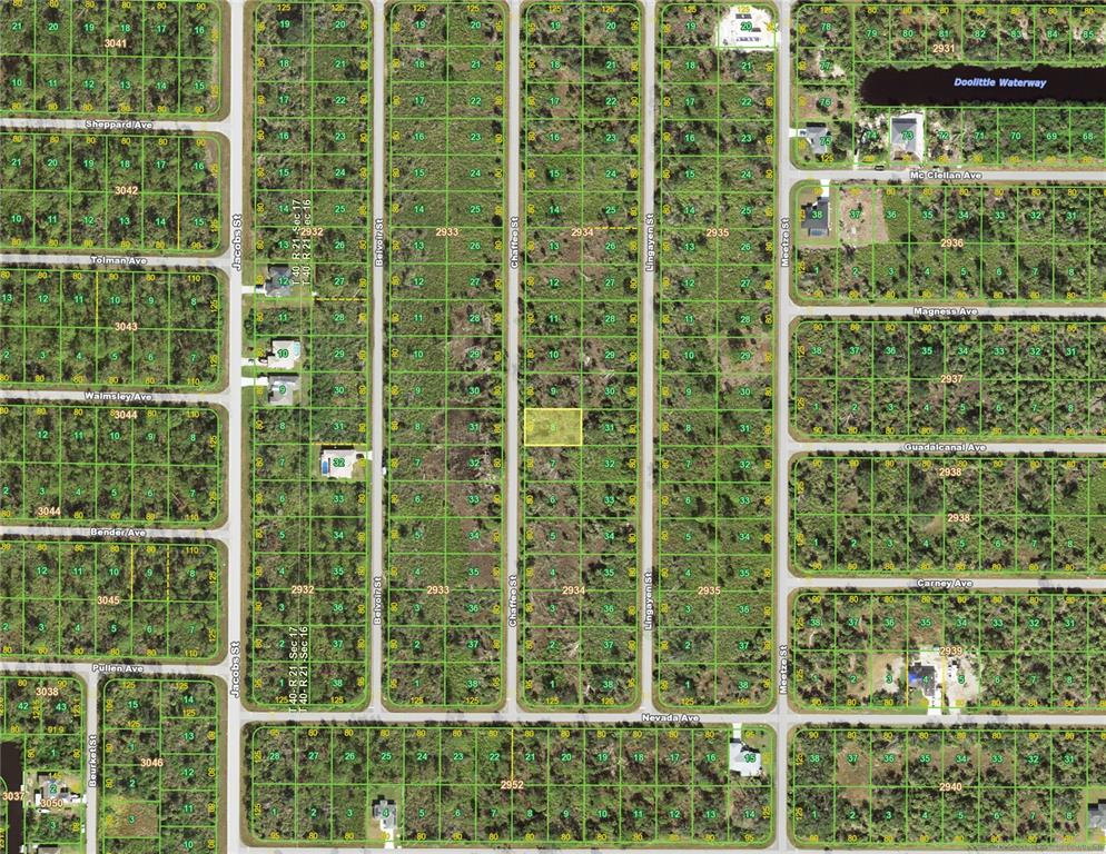 This is a map showing a vacant lot highlighted in yellow within a residential grid — 2128 CHAFFEE STREET, PORT CHARLOTTE, FL