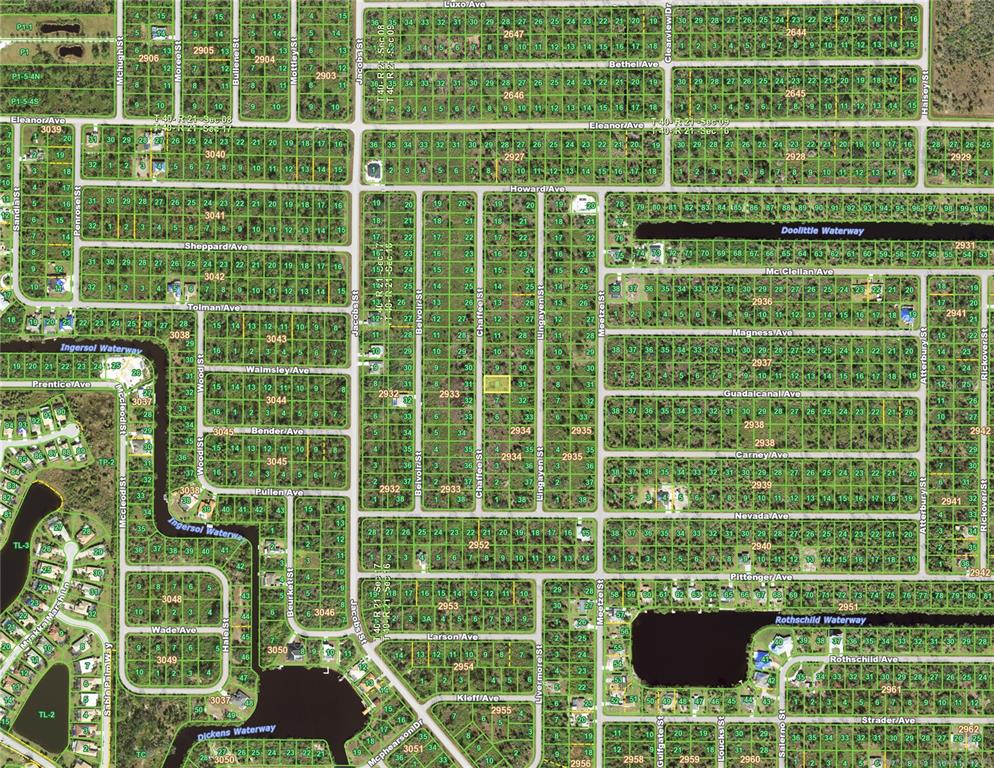 This is a map showing a grid of residential lots, streets, and waterways — 2128 CHAFFEE STREET, PORT CHARLOTTE, FL